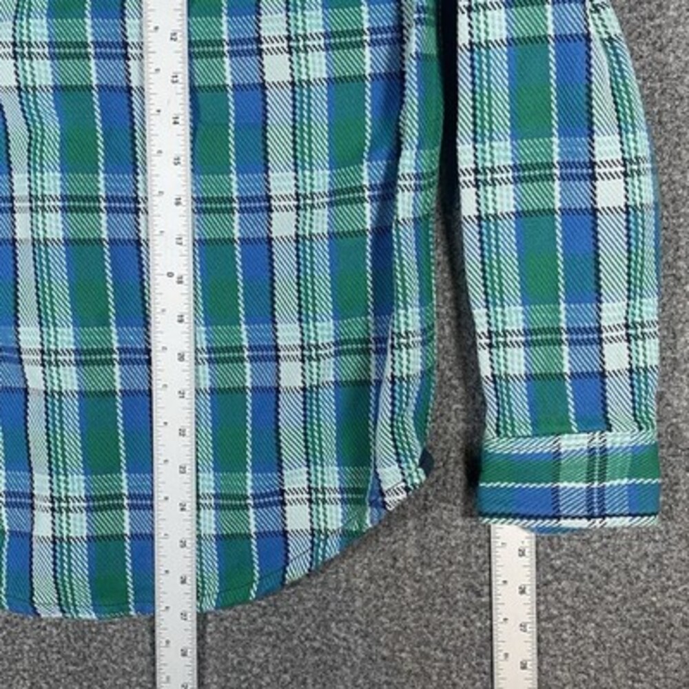 Outerknown Mens M Flannel Plaid Blanket Shirt Blue Green Heavy Shacket Button Up - Picture 5 of 14